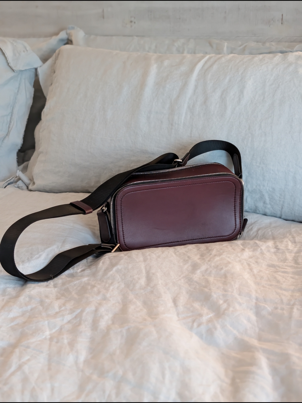 Michael Kors Men's MK Raised Logo Burgandy Burnished Leather Crossbody Bag - Picture 5 of 14